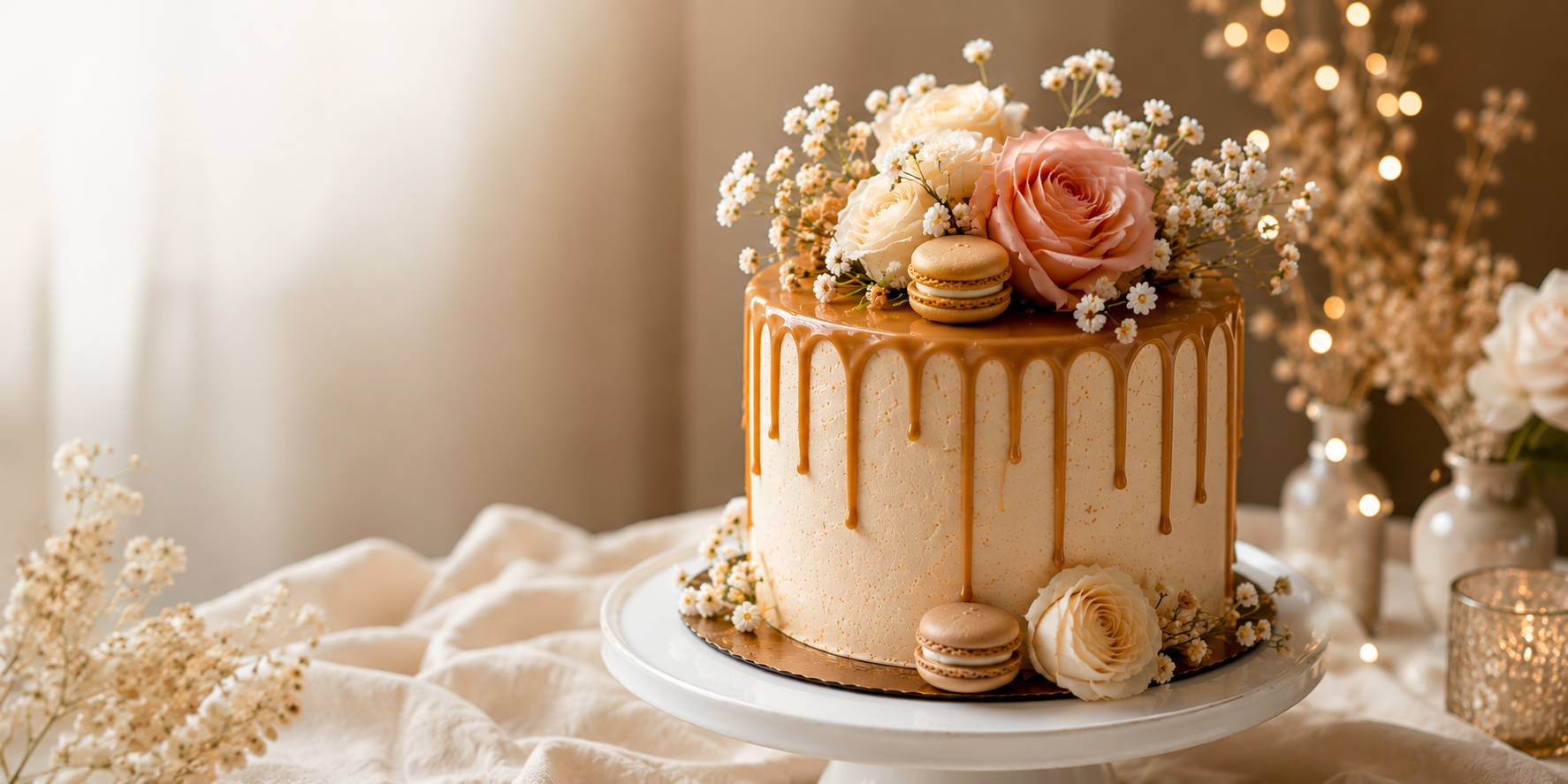 Gâteau fleuri au caramel sur un présentoir